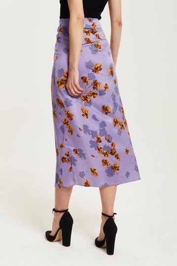 Purple Floral Midi Skirt With Ruching Detail Liquorish